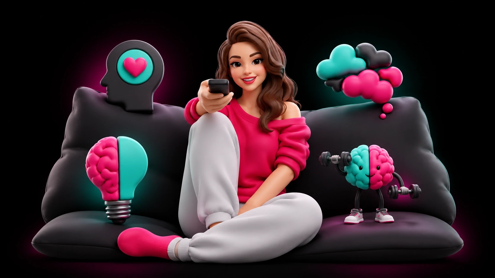 A cheerful woman in a pink sweater and white pants sits on a black couch holding a remote, surrounded by playful, colorful brain-themed illustrations, including a light bulb and a brain lifting weights, set against a dark background.