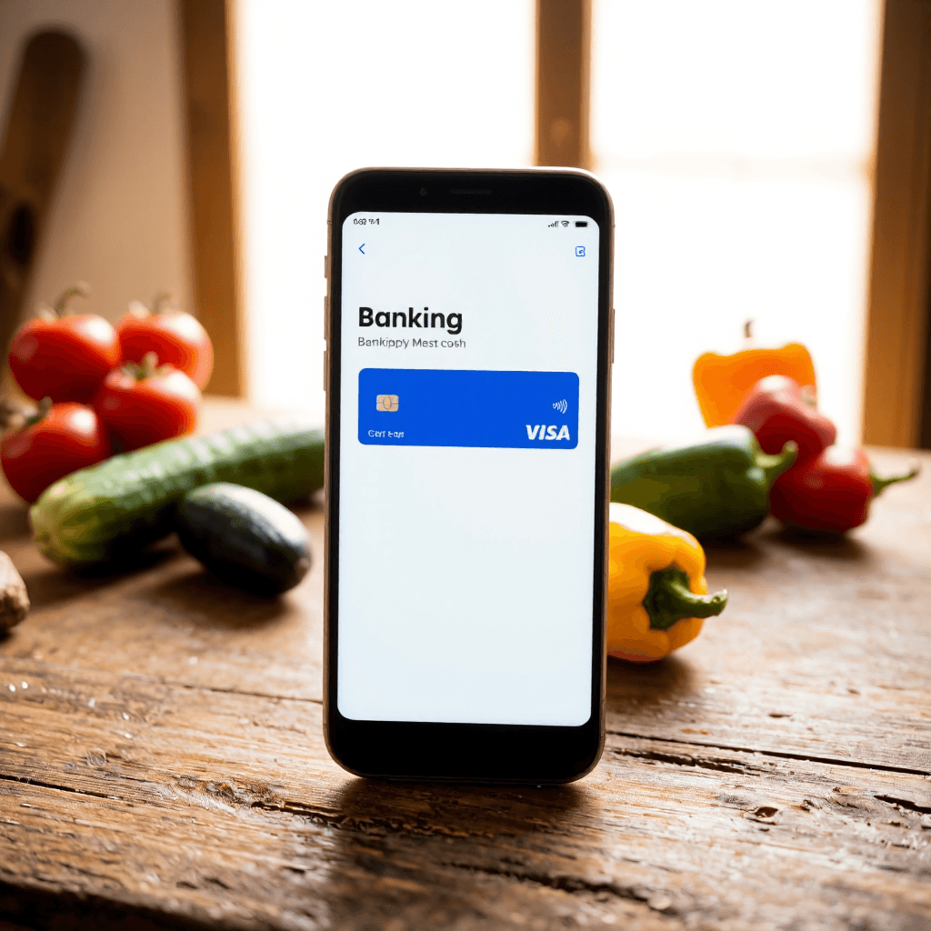 product photography of a smartphone displaying a banking app interface