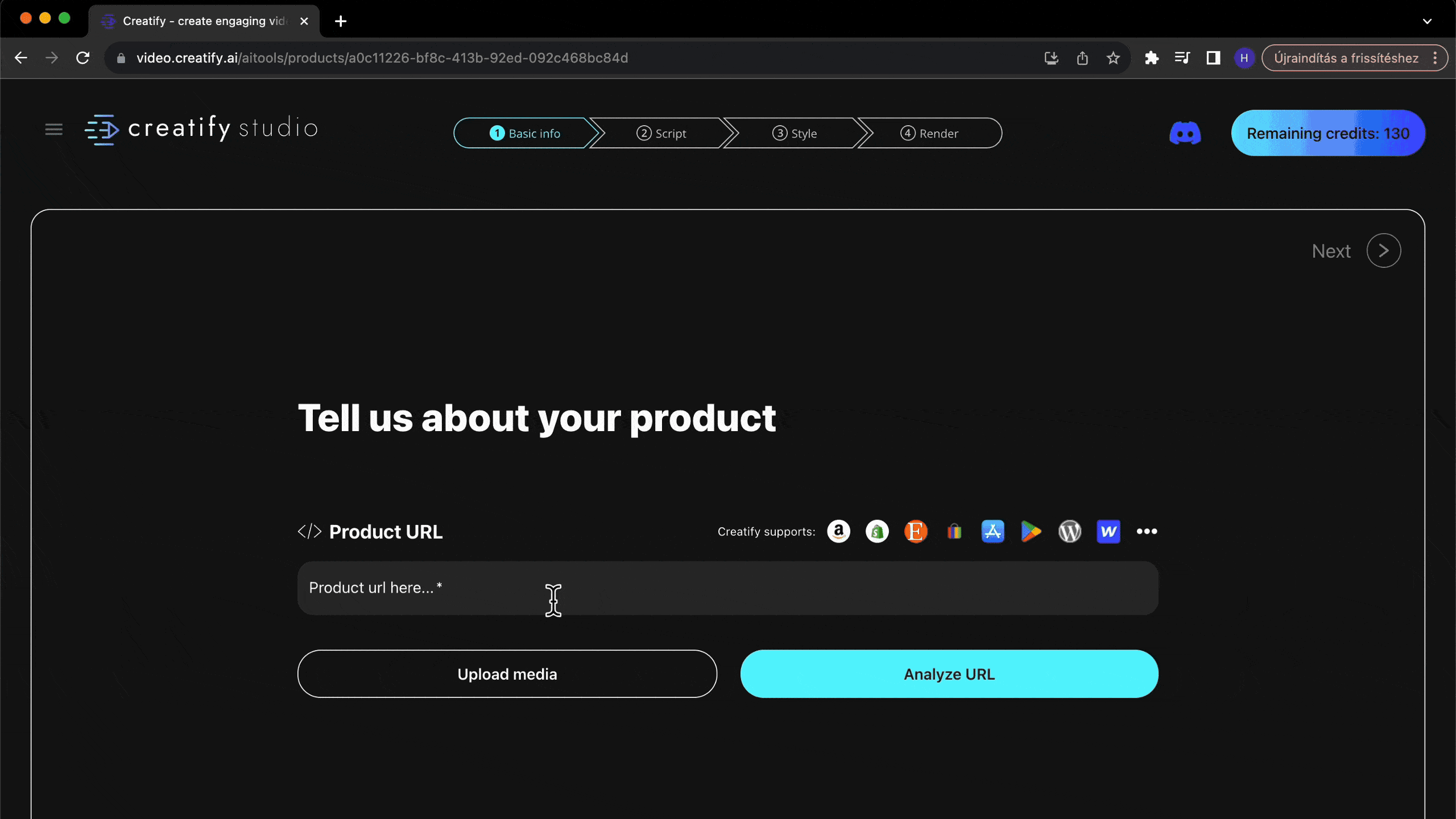 A gif of Creatify AI app on the “Tell us about your product” page with an e-commerce product’s website link pasted into the “Product URL” bracket while zooming in.