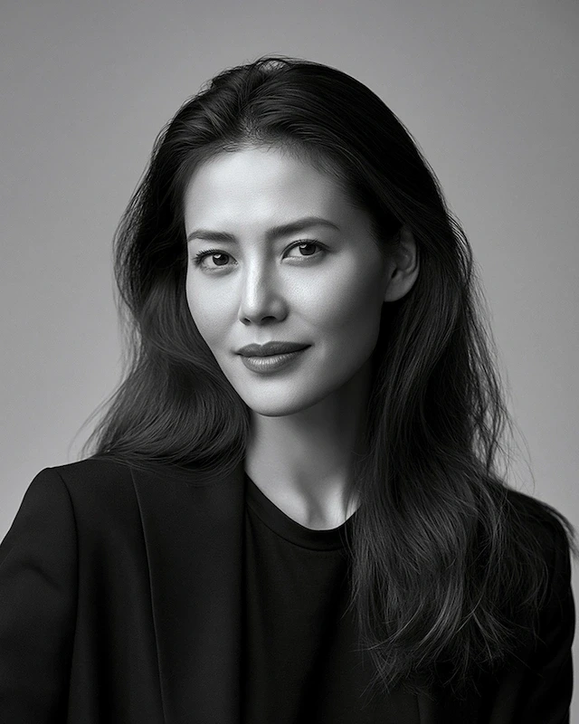 A black-and-white studio portrait of an elegant woman with long hair, wearing a dark blazer, set against a gray backdrop.