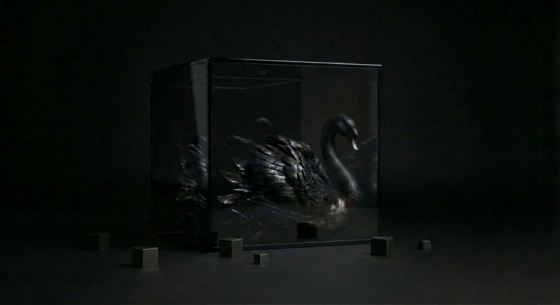 A black swan inside a transparent dark cube, symbolizing the LLM black box problem and unmitigated AI risk.