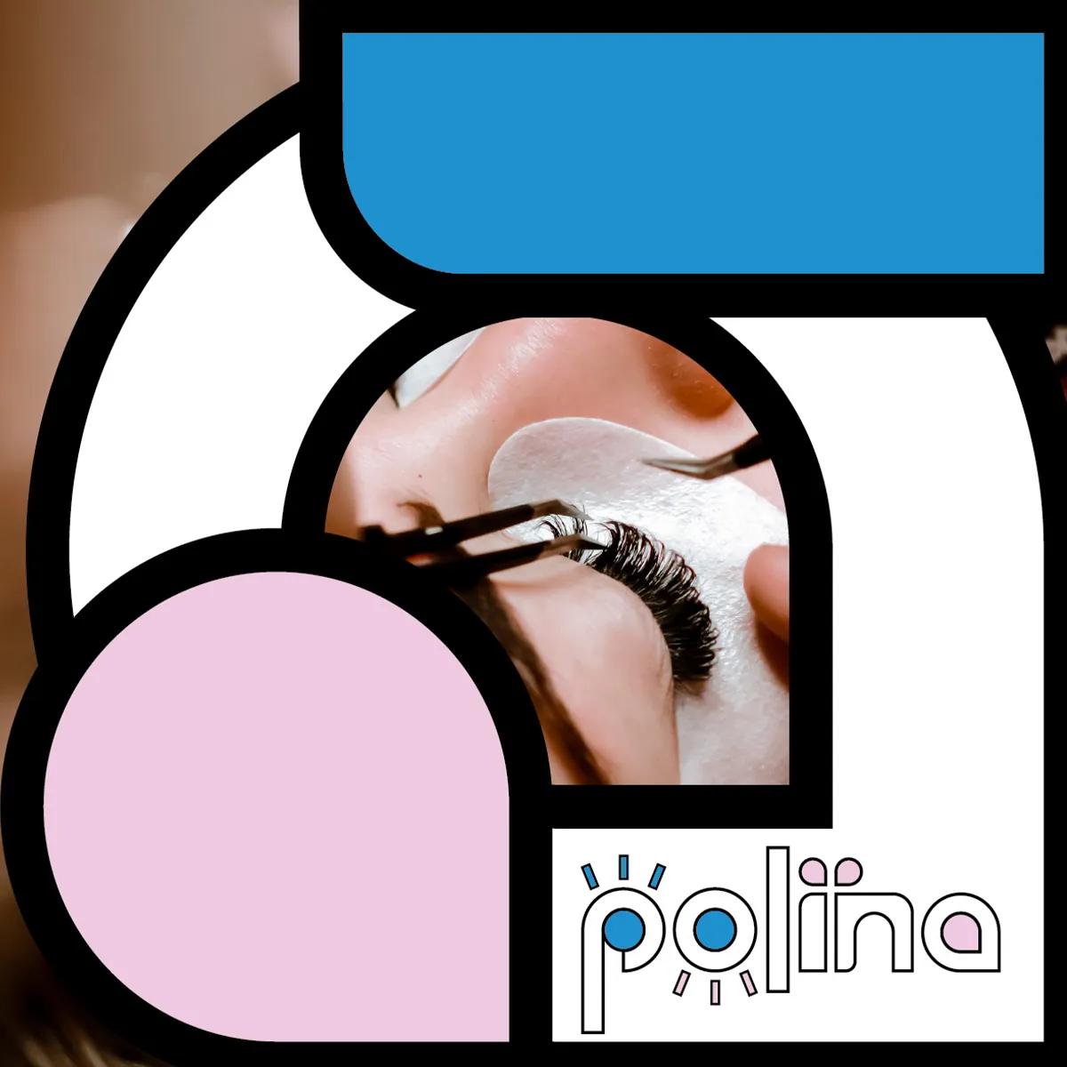 Polina Lashes branding: lash technician close-up inside a rounded pastel logo frame, blue and pink palette