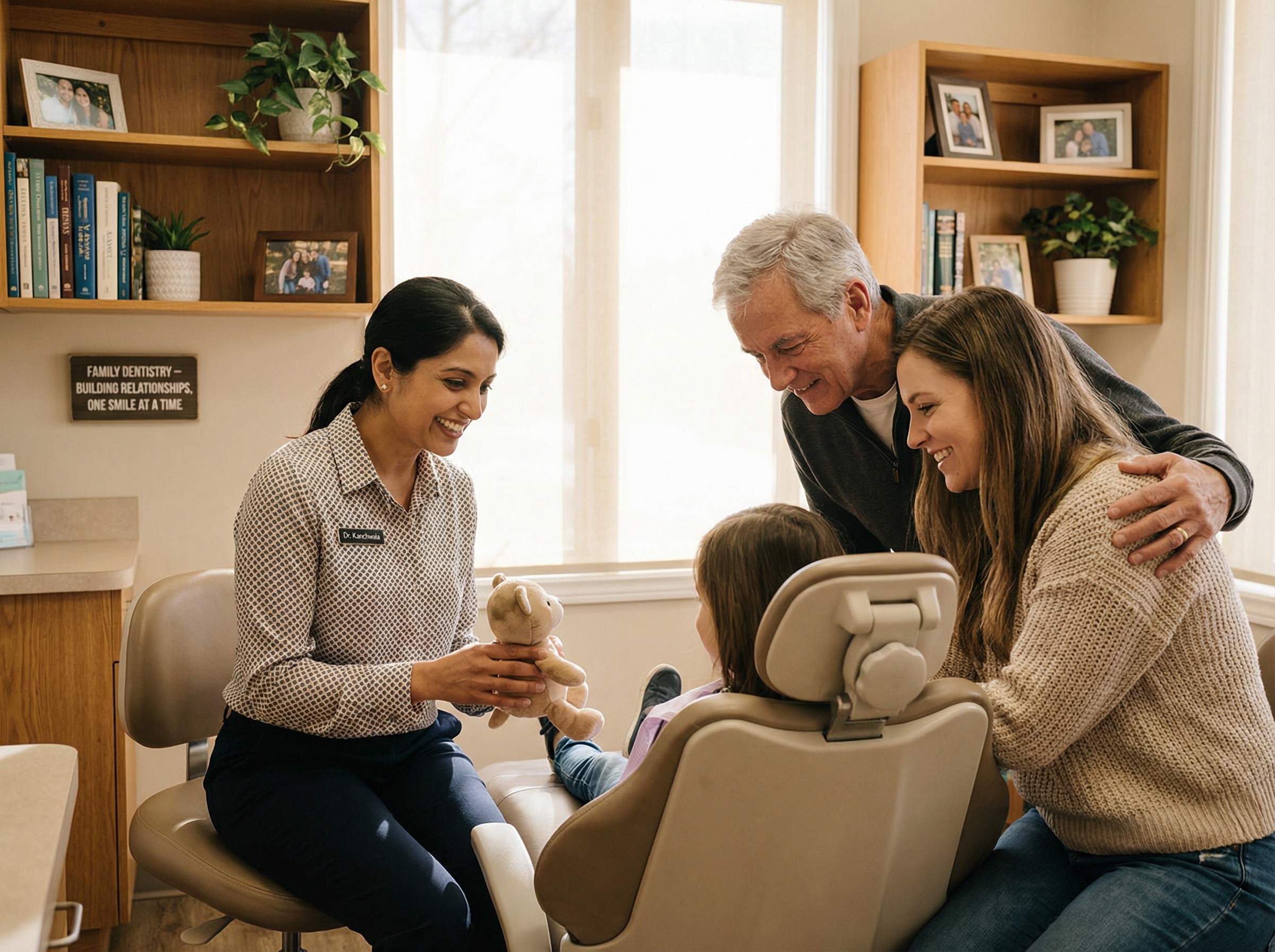 Happy multi-generational family receiving comprehensive family dental care from Dr. Kanchwala at Smyrna Dental Studio