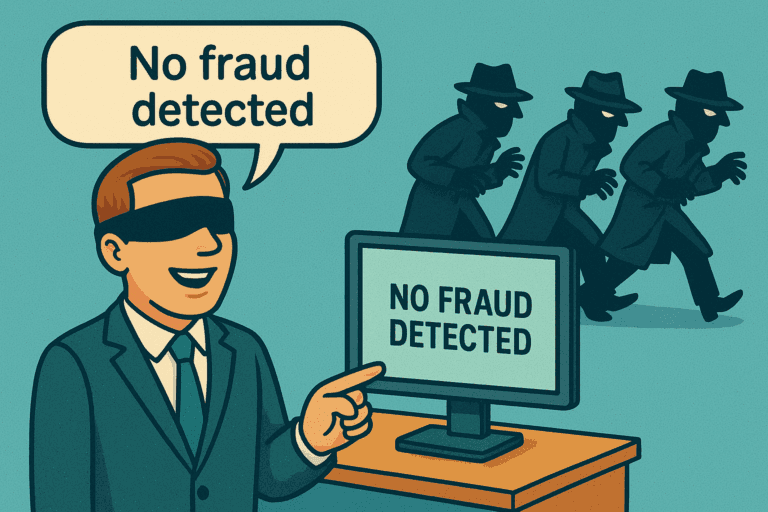 Cartoon of a blindfolded businessman smiling and pointing at a computer screen that says ‘No fraud detected.’ Behind him, three shadowy fraudsters in trench coats sneak by, highlighting the irony that fraud is present but not being measured.