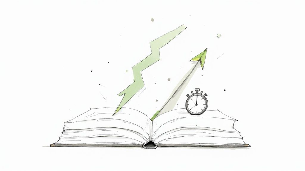 An open book with a green upward arrow, a lightning bolt, and a stopwatch, symbolizing learning and growth.