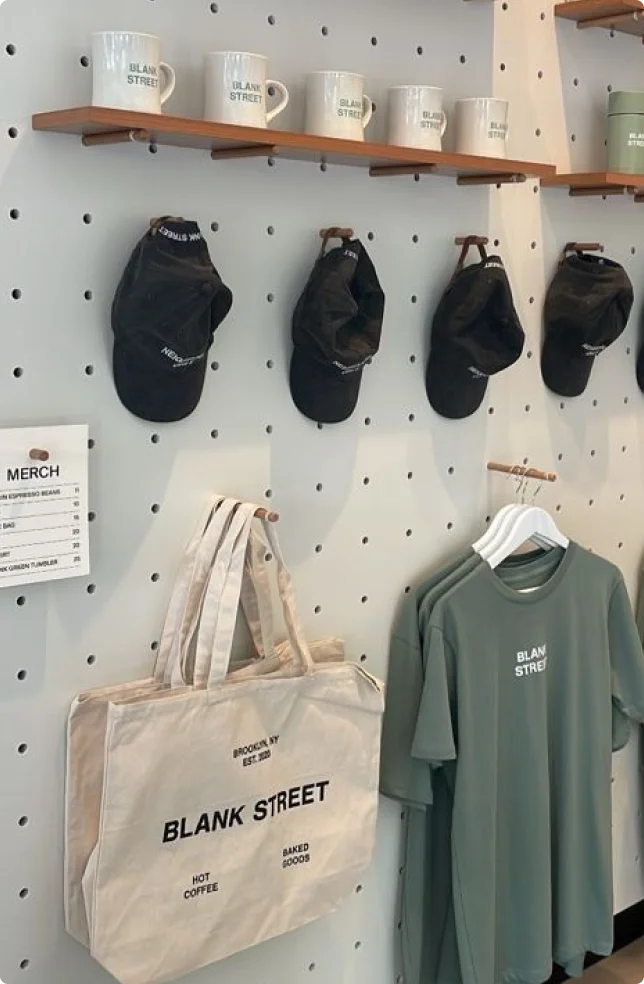 Blank Street coffee merch wall