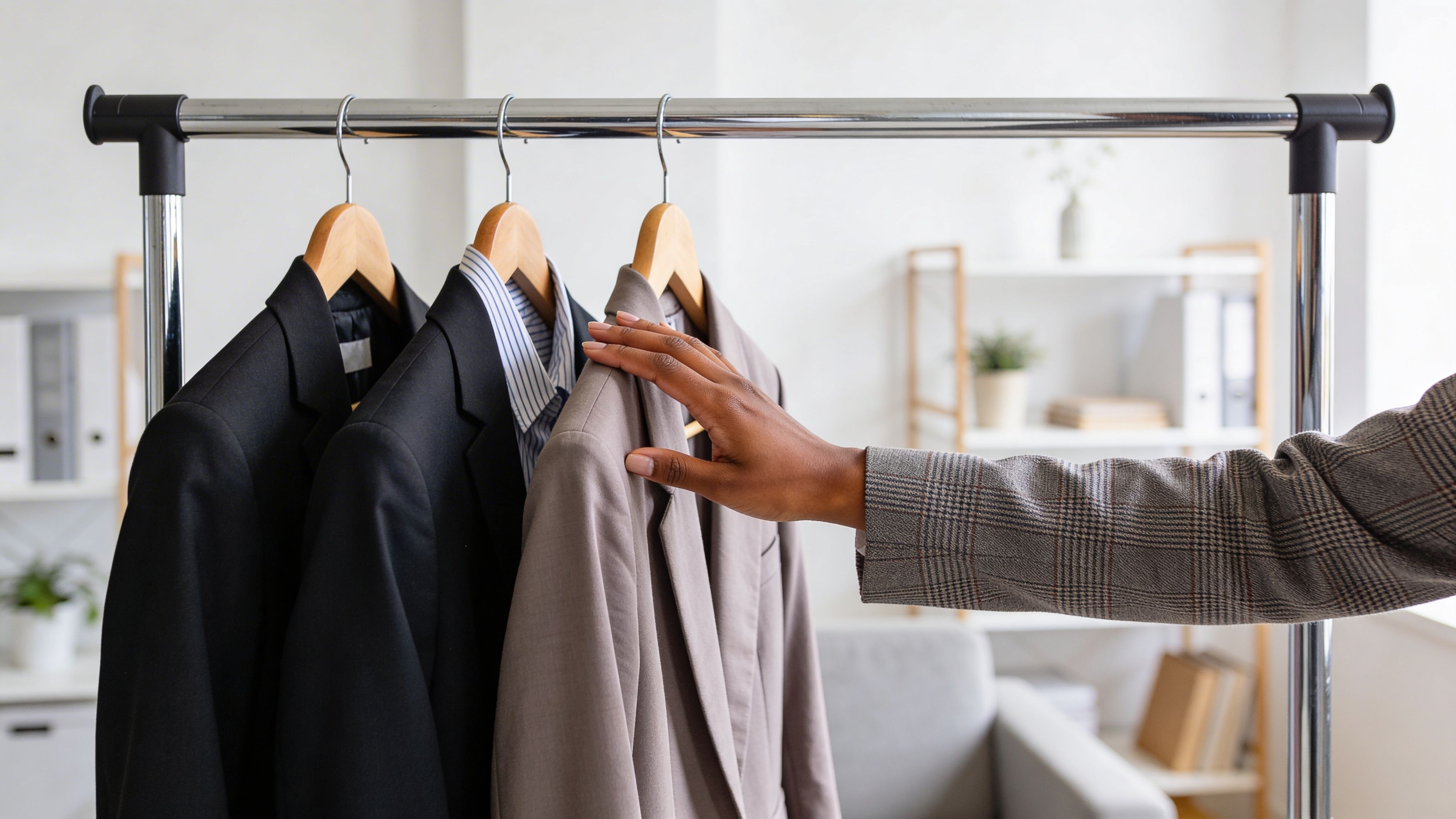 Eine Person wählt eine Business-Jacke von einer Kleiderstange für ein professionelles Bewerbungsfoto aus
