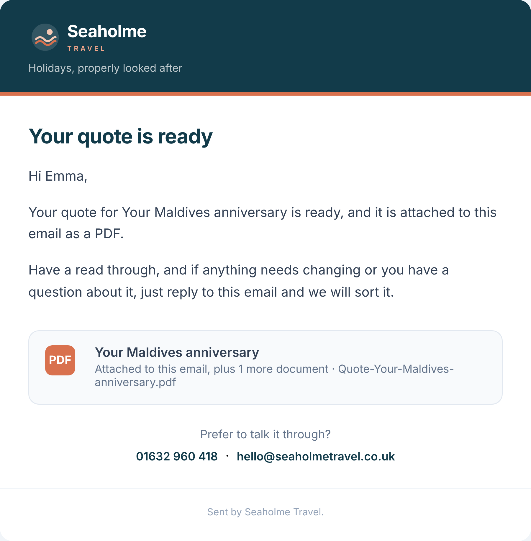 Quote email with the quote PDF attached