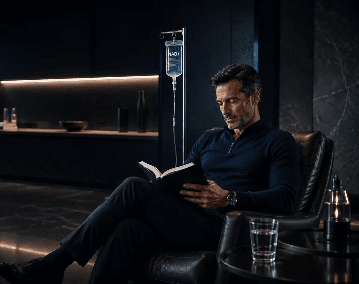 Man reading a book in a dark lounge with an IV stand