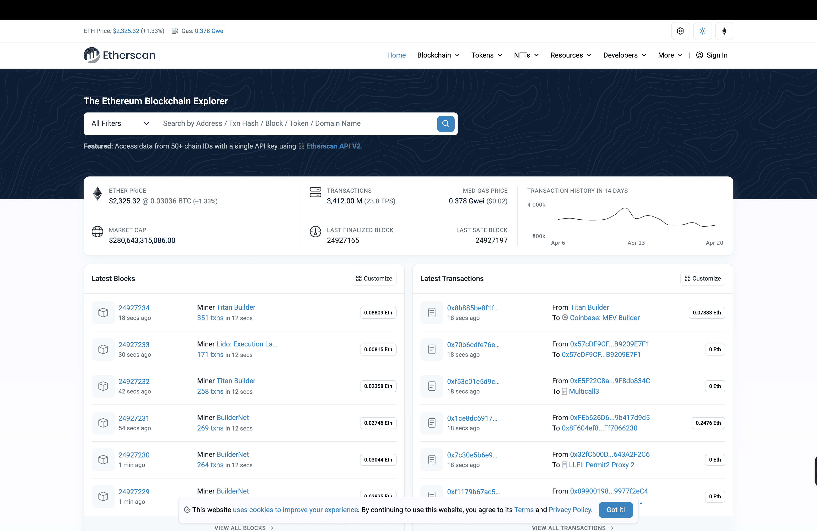 Etherscan Ethereum blockchain explorer homepage
