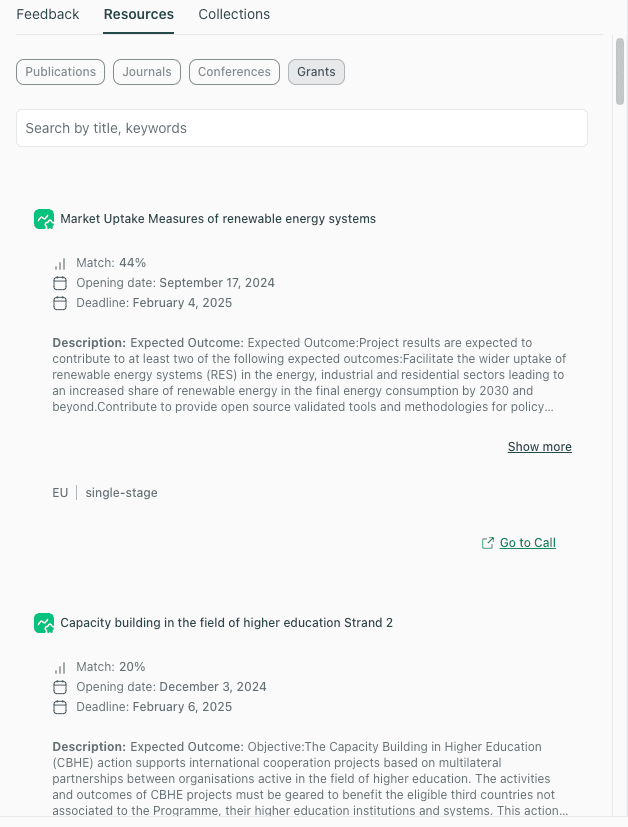 thesify grant finder under resources showing a grants list with match percentage, opening date, deadline, and go to call link