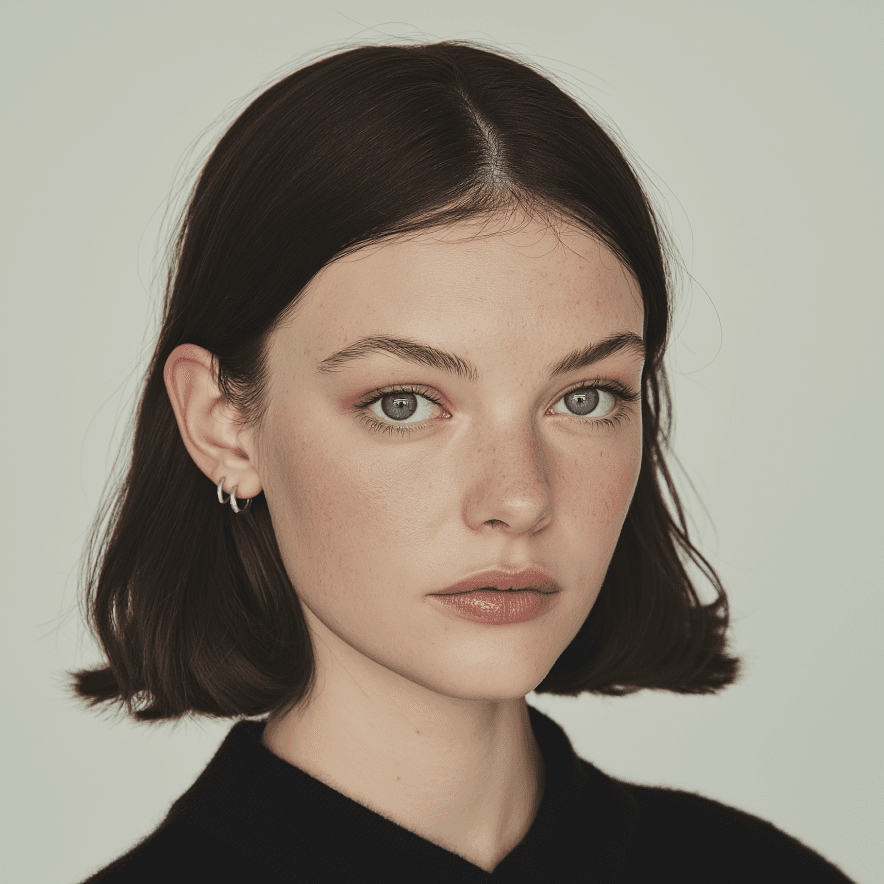 Asian woman in white turtleneck sweater with eyes closed