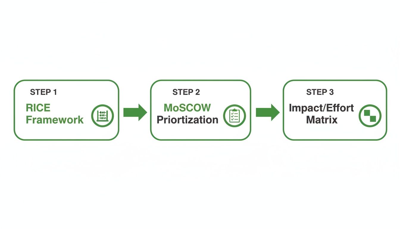 A three-step product prioritization workflow: RICE Framework, MoSCoW Prioritization, and Impact/Effort Matrix.