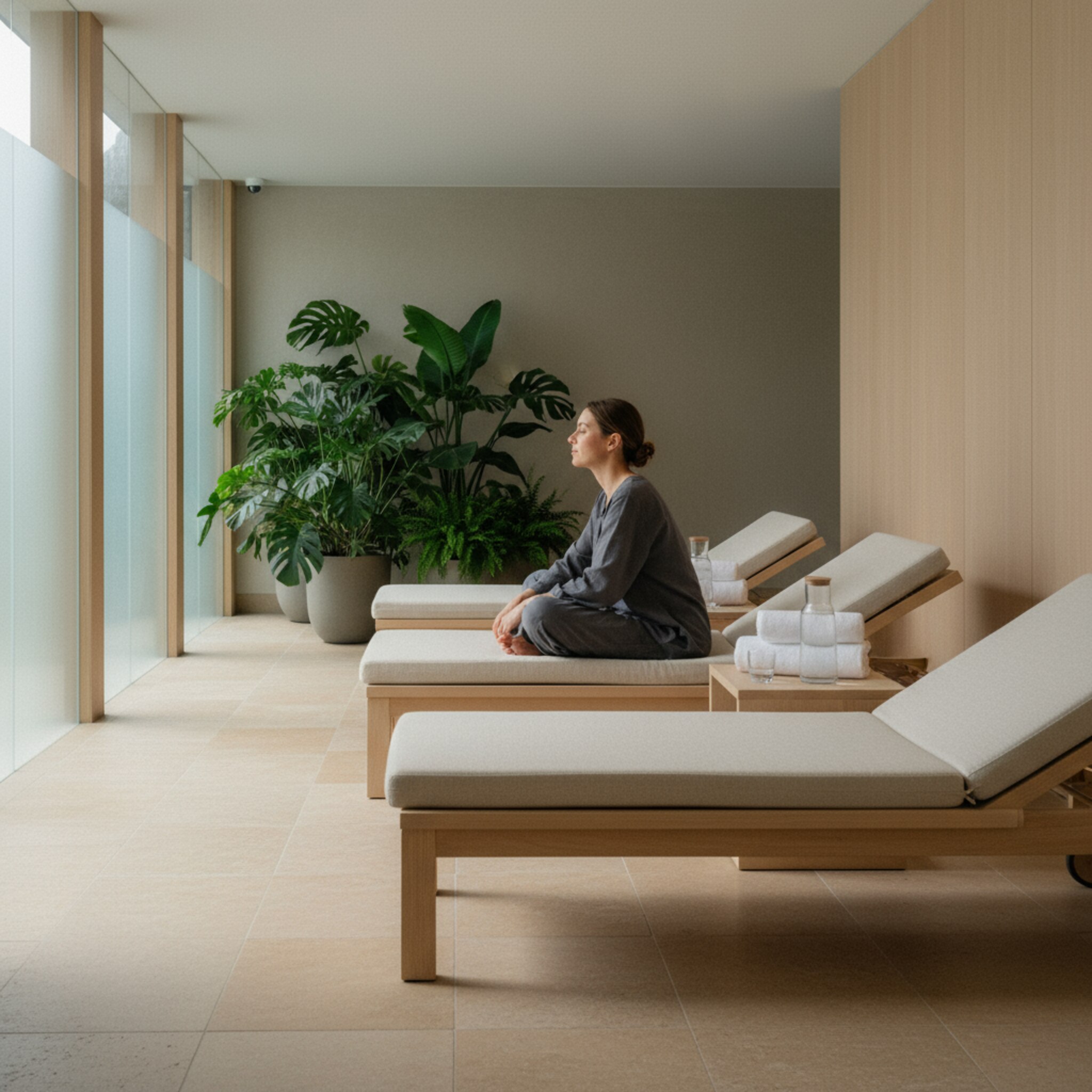 Ein ruhiger Bereich mit wenigen, exakt ausgerichteten Liegen und weichem, indirektem Licht. Zwischen den Liegen bleibt spürbar Platz, eine Ecke mit Pflanzen sorgt für abgeschirmte Ruhe. Eine Person setzt sich langsam, atmet durch und genießt die Stille des klar strukturierten Raums.