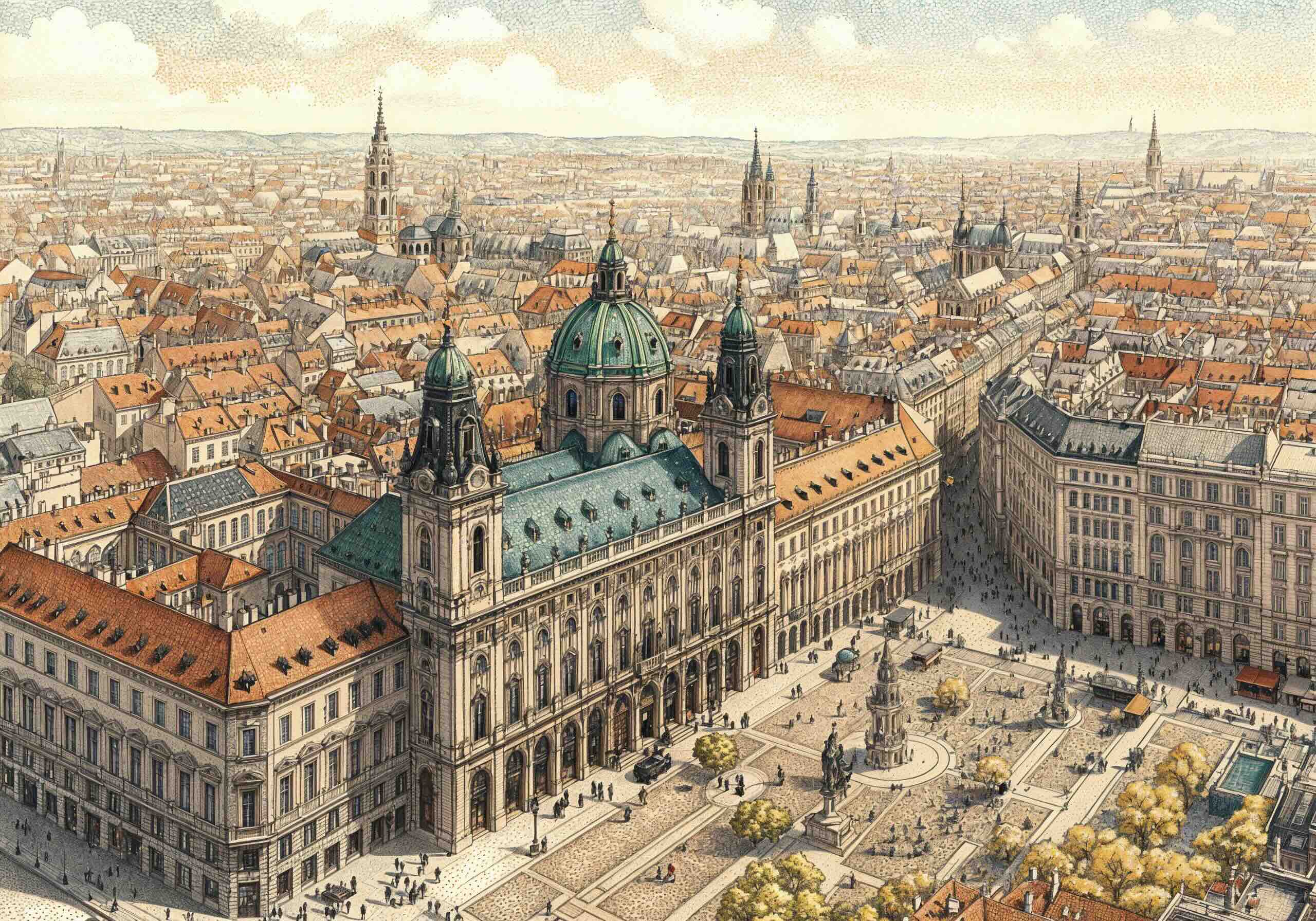 A panoramic view of a historic Austrian city with a grand domed building in the foreground, surrounded by ornate baroque architecture and a bustling central square against a backdrop of spires and rooftops.
