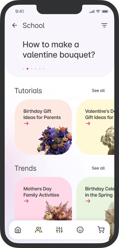 Smartphone screen showing a flower selection catalog in a bouquet-building mobile application.