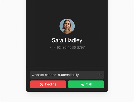 A smartphone interface displays an incoming call from an international number, emphasizing seamless communication and the use of direct carrier connectivity to ensure high-quality calls with optimal routing.