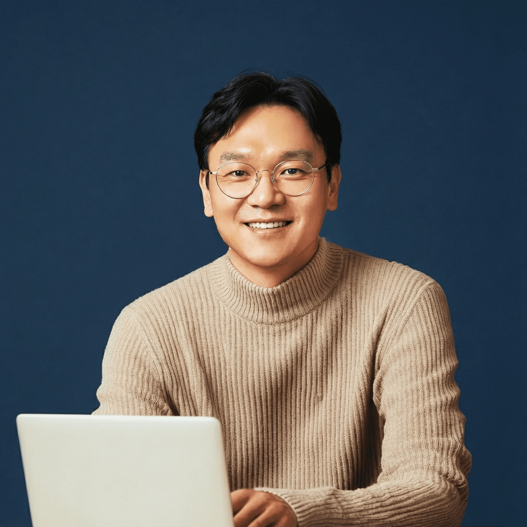 A young person with curly hair smiles at the camera while sitting in front of a laptop against a dark background.