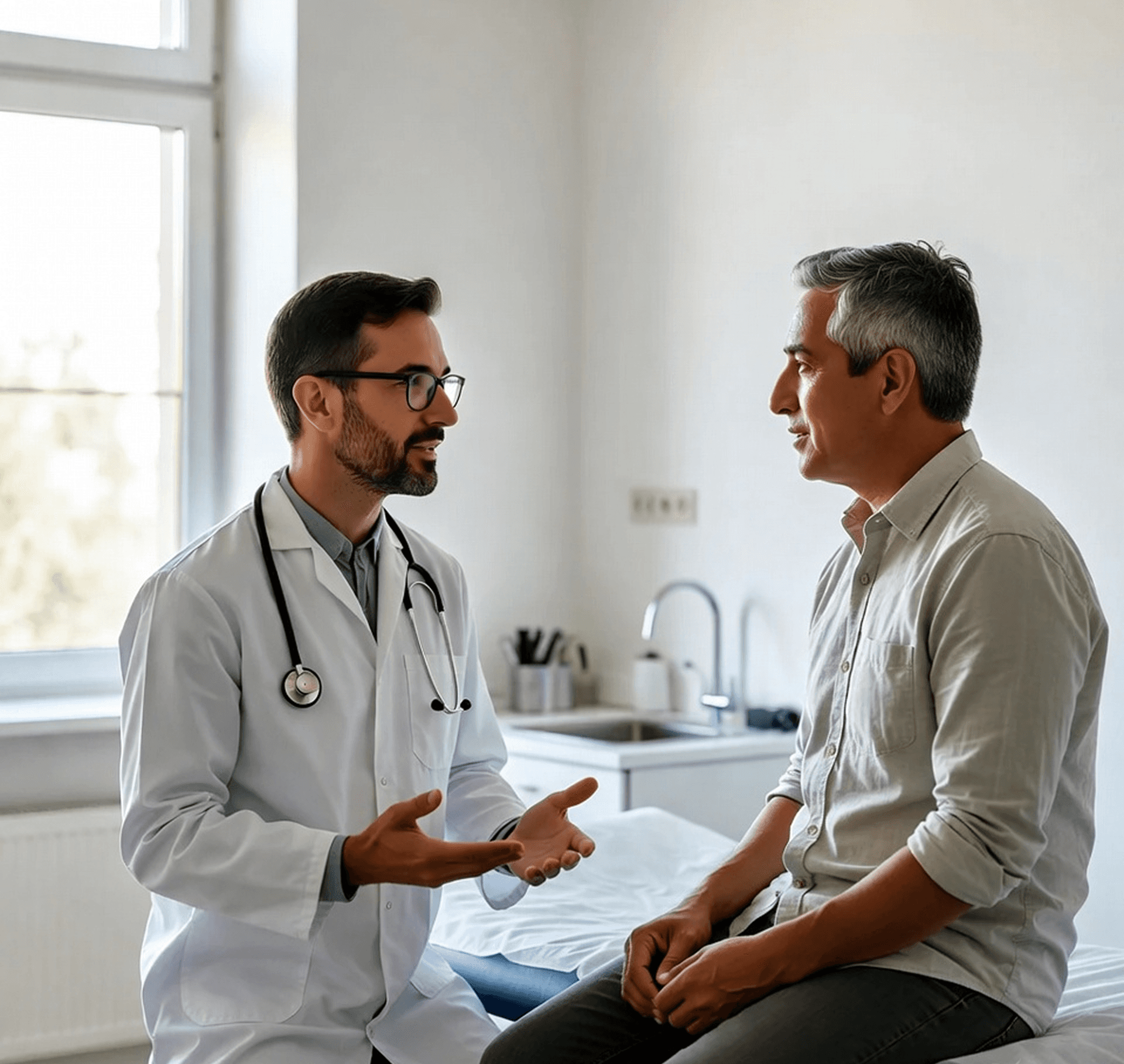 Doctor consults with patient in an examination room.