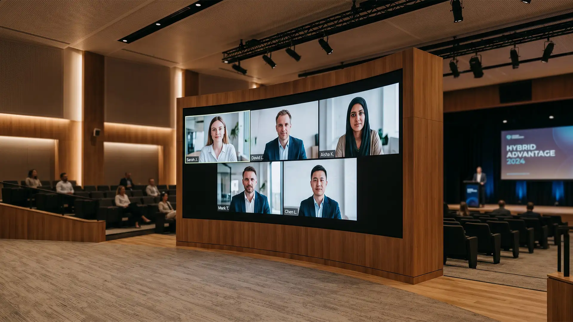 Global hybrid event featuring a large digital participant wall connecting remote attendees with an in-person audience during a live corporate presentation.
