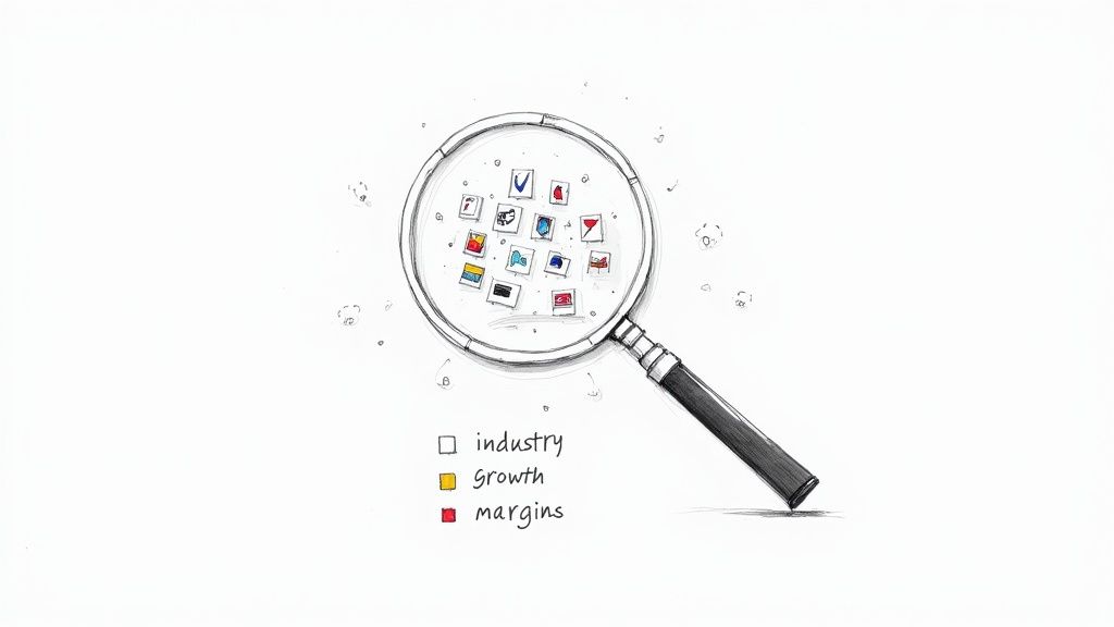 Magnifying glass over company analysis elements: industry, growth, and margins legend shown.
