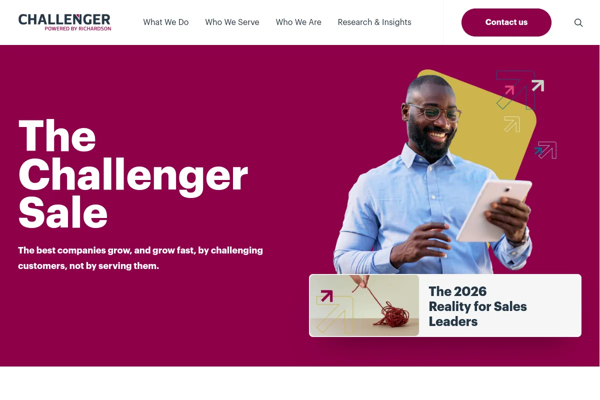 The Challenger Sale homepage, powered by Richardson, headlined the best companies grow by challenging customers not serving them