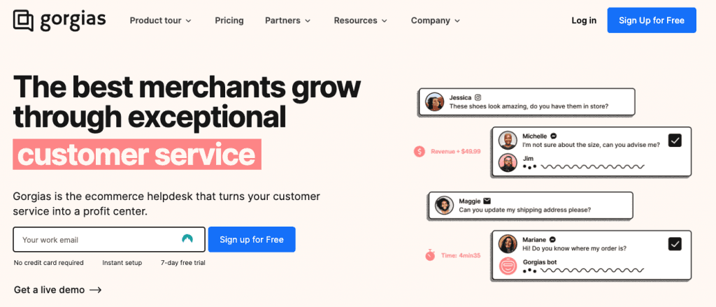 Gorgias homepage introducing the ecommerce helpdesk with example customer service chats