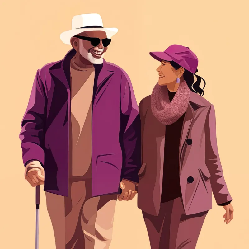 An elderly couple enjoying a stroll outside.