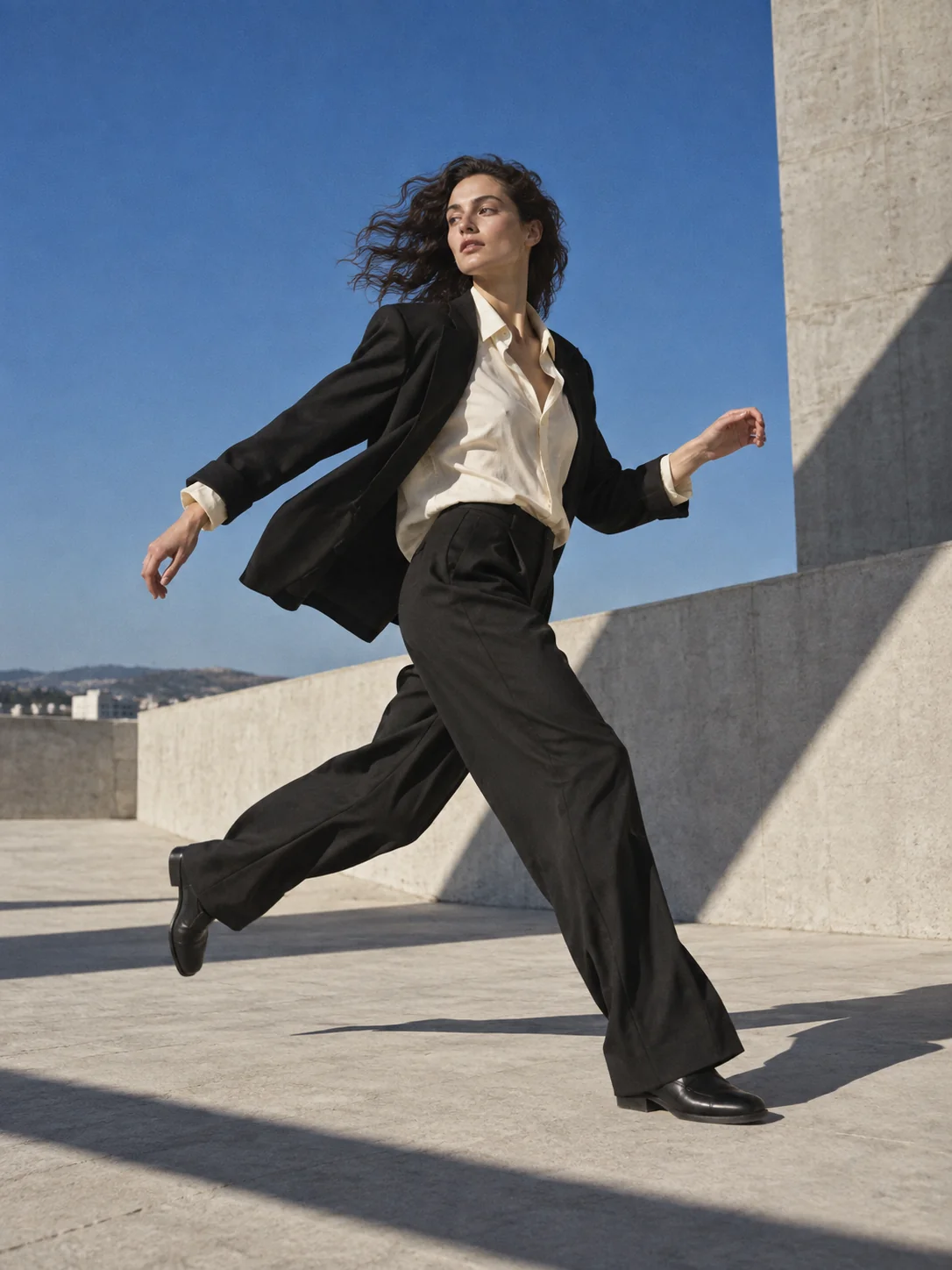 Rooftop movement study in black tailoring, created with AI