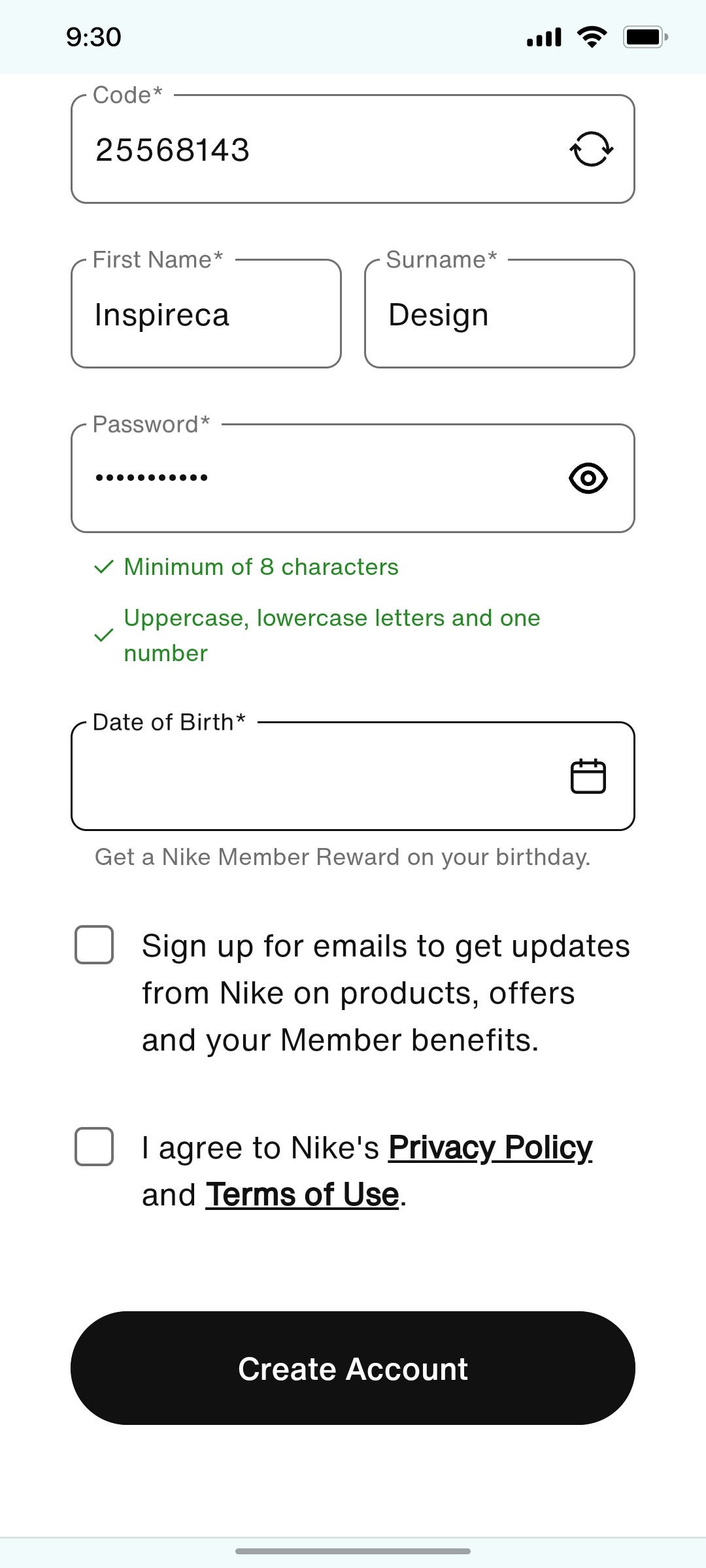 Nike App Create account Screen
