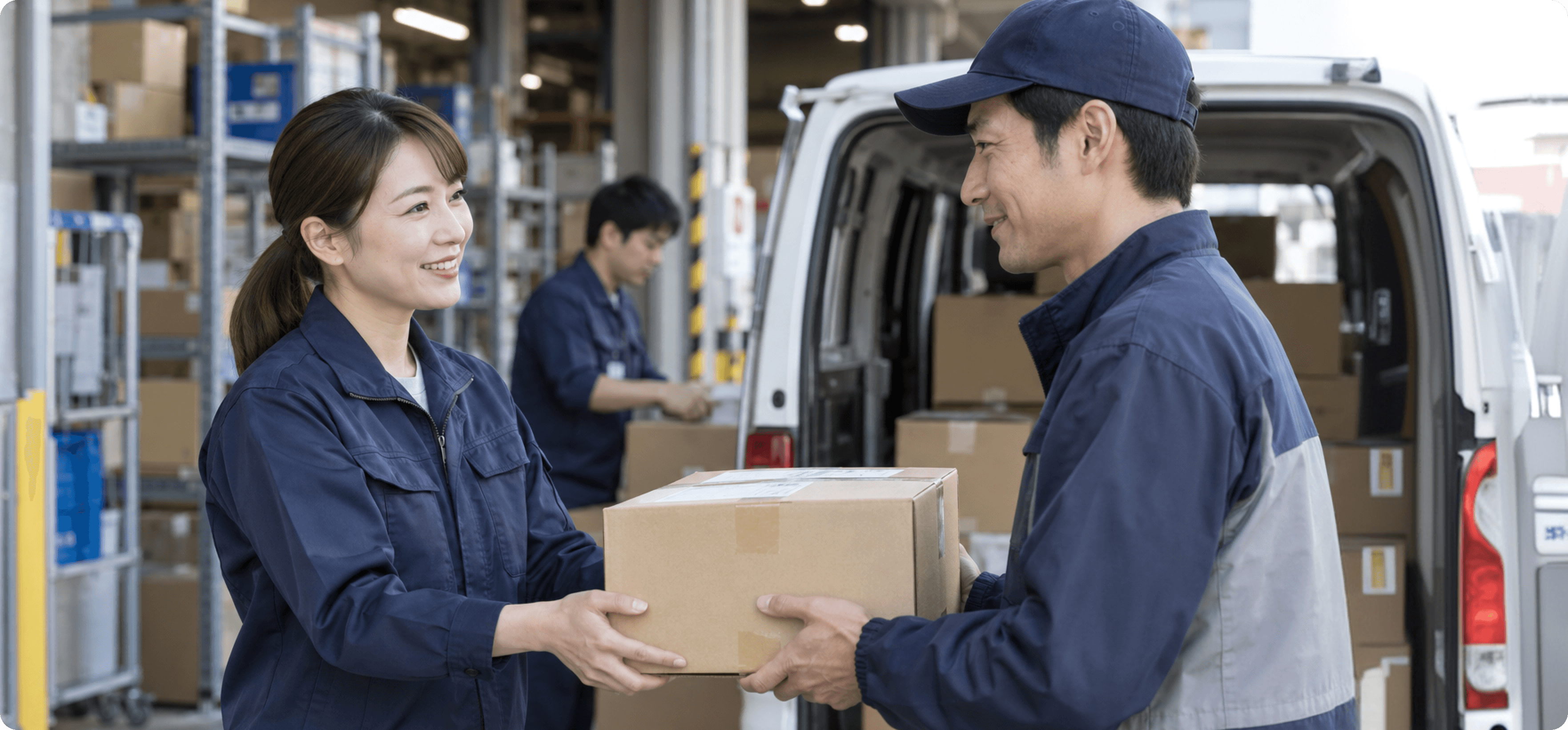日本のEC倉庫で女性スタッフが男性の配送担当者に荷物を引き渡す様子