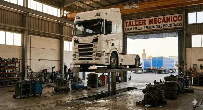 Camión industrial inmovilizado en el taller por reparaciones prolongadas, generando lucro cesante al transportista.