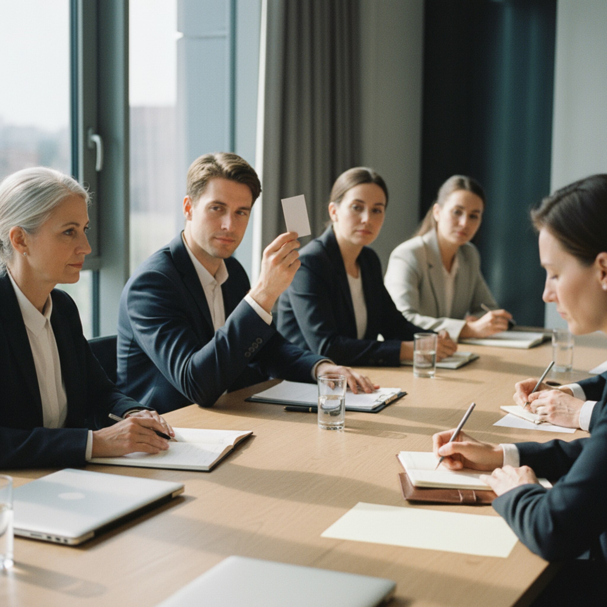Im Sitzungssaal hebt ein Teilnehmender dezent seine Stimmkarte, während ein Notar aufmerksam beobachtet. Am Rand sitzt die Organisatorin und notiert sich diskret Details. Die Stimmung ist sachlich und konzentriert. Der Ablauf wirkt nachvollziehbar und verbindlich.