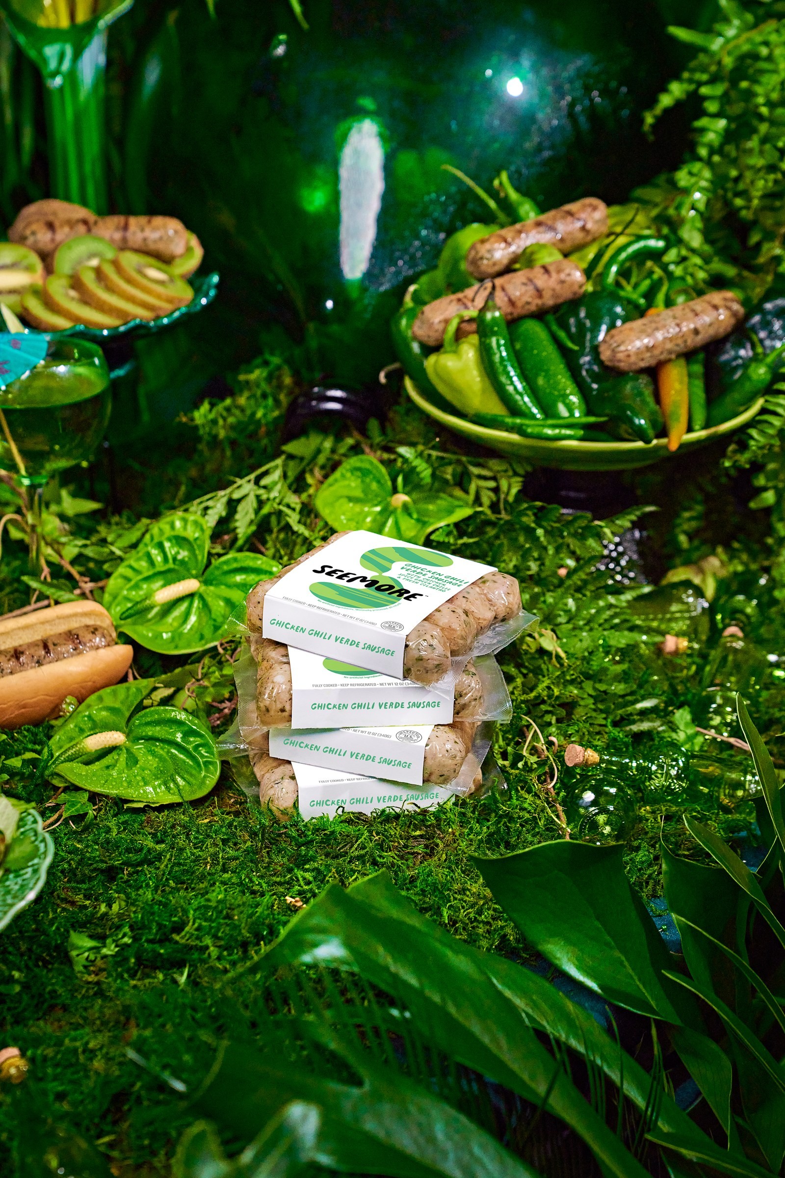 Seemore’s Salsa Verde package surrounded by foliage and green glassware