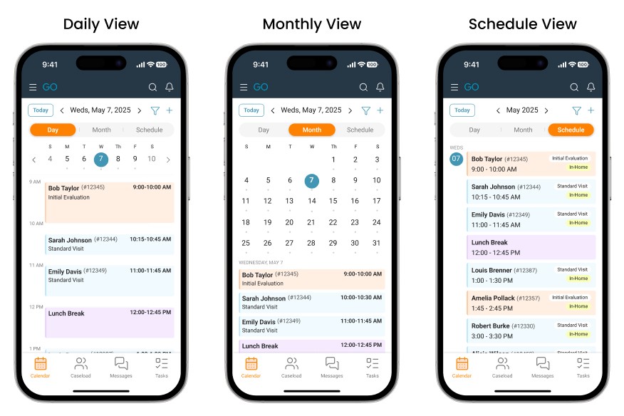 Hi-fidelity wireframes of 3 schedule views (daily, monthly, detail)