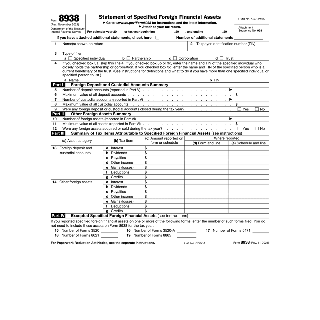 IRS Form 8938, Statement of Specified Foreign Financial Assets, page 1