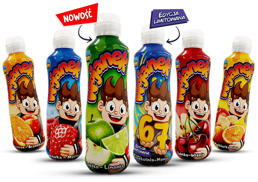 Wojanek – napój owocowy w butelkach, smaki truskawka i malina, pomarańcza i brzoskwinia, jabłko-wiśnia, brzoskwinia-mango,multiwitamina