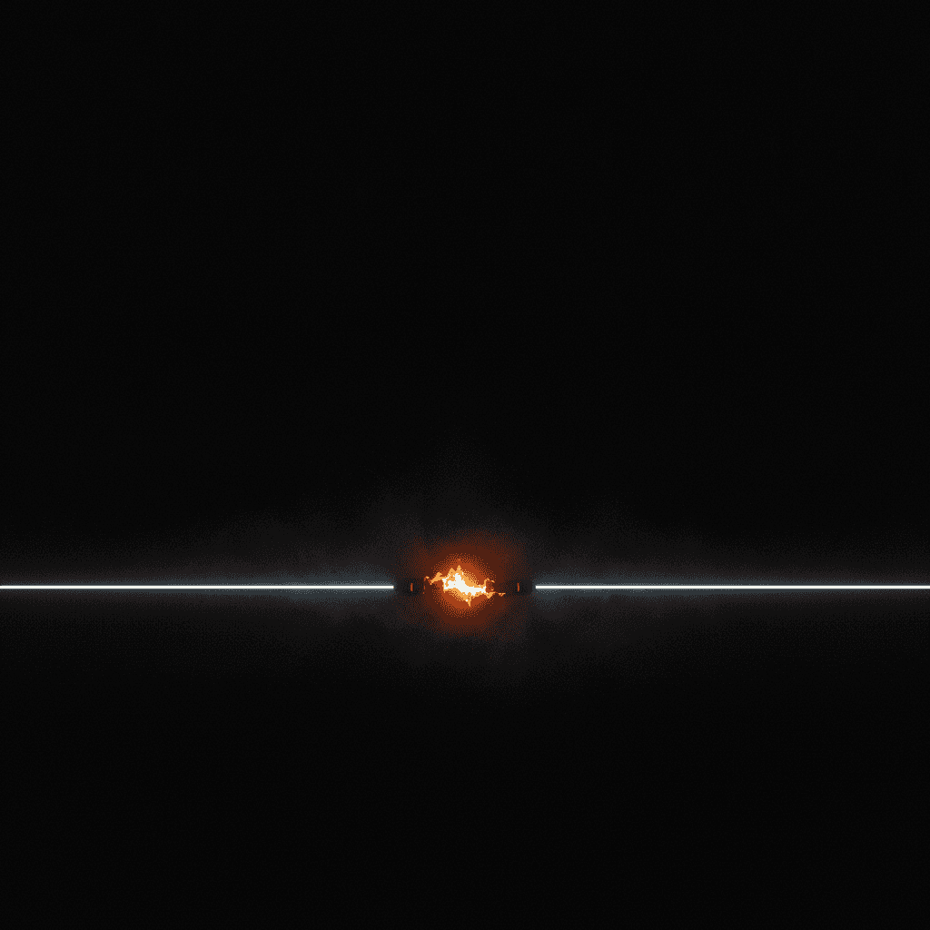 Single thin line of light fracturing at one point glowing orange against deep black void