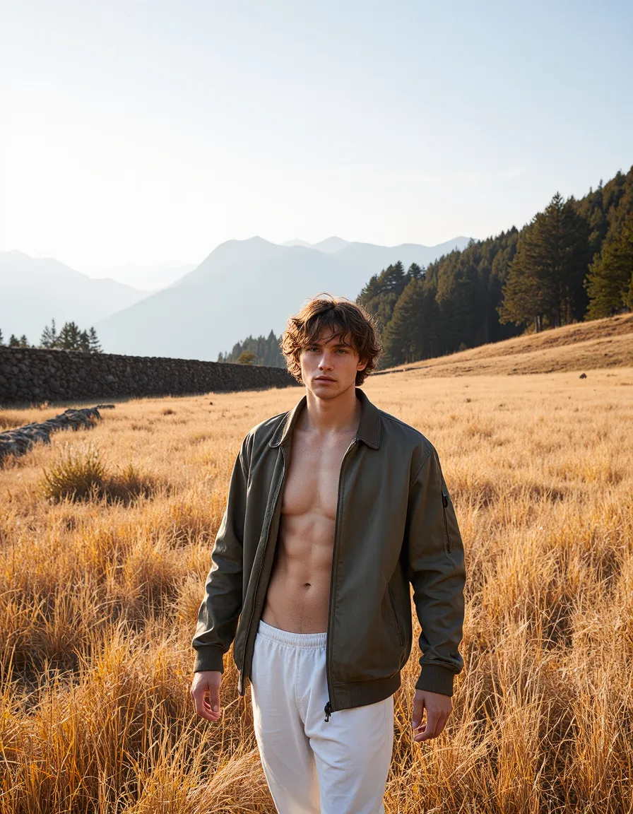 Male model in olive jacket in golden mountain meadow with misty peaks and forest backdrop