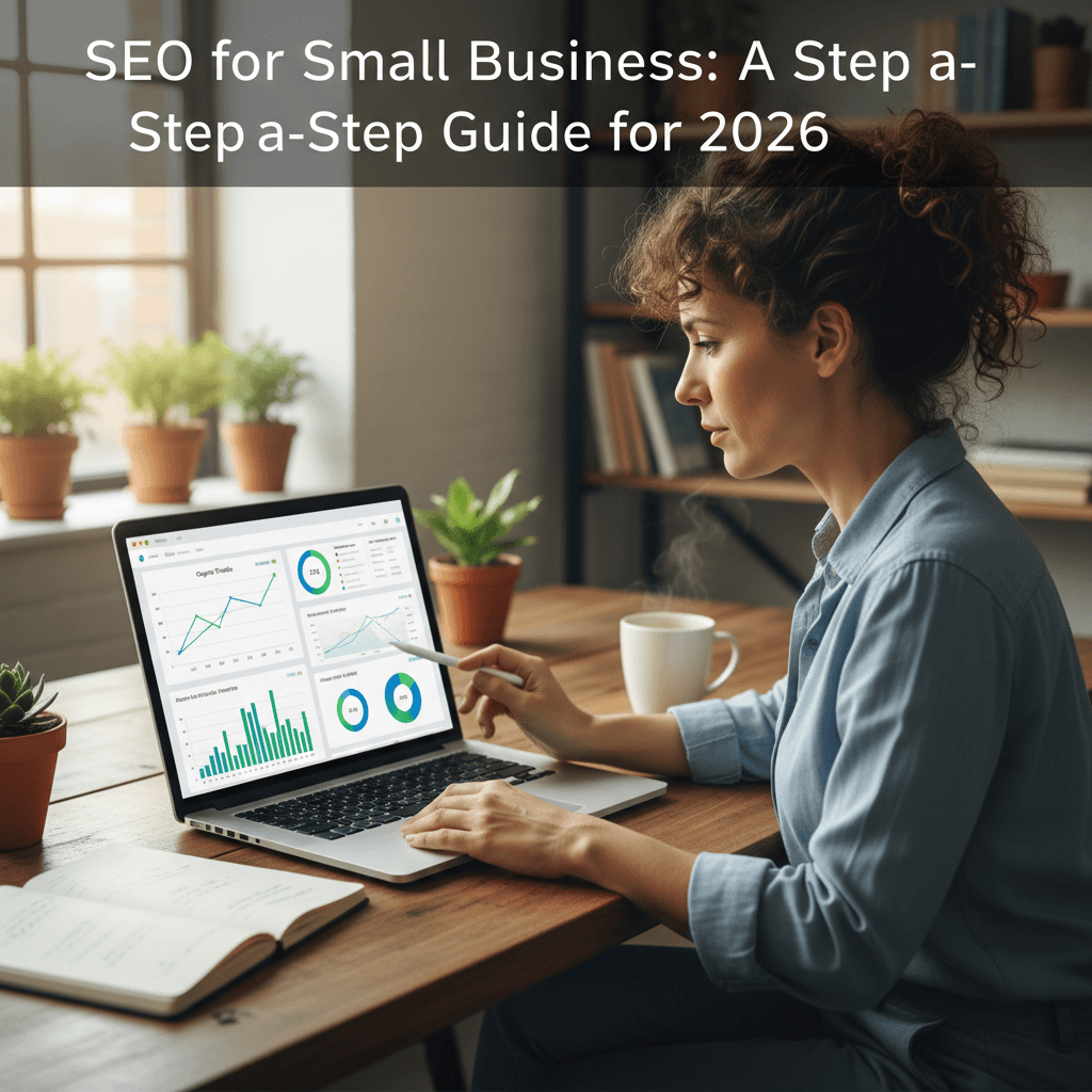 Small business owner analyzing SEO for small business performance metrics on a laptop dashboard