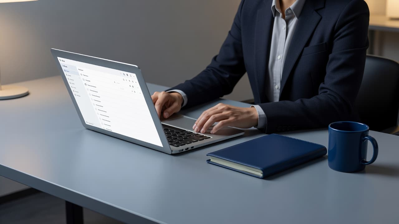 A focused individual types on a laptop at a sleek blue-toned desk. Soft ambient light illuminates the organized workspace, highlighting a clean surface designed for productive email follow-up communication tasks.