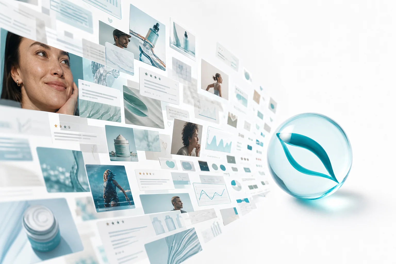 A layered archive of paid-social creative, landing pages, customer reviews, personas, and performance evidence converging into GoMarble intelligence