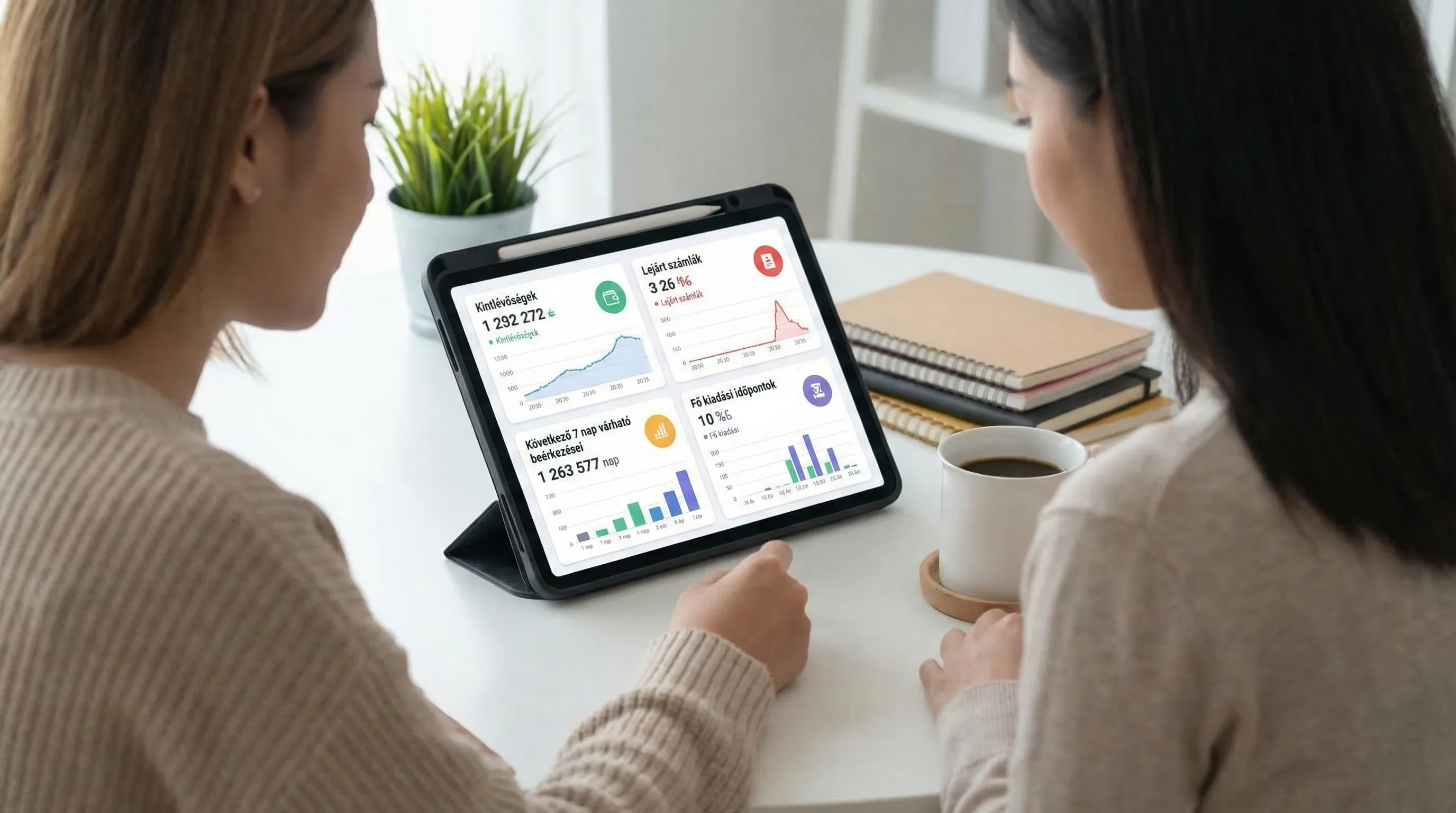 Kisvállalkozói pénzügyi dashboard koncepció: egy központi nézetben kintlévőségek, lejárt számlák, következő 7 nap várható beérkezései és fő kiadási időpontok egyszerű kártyákon.