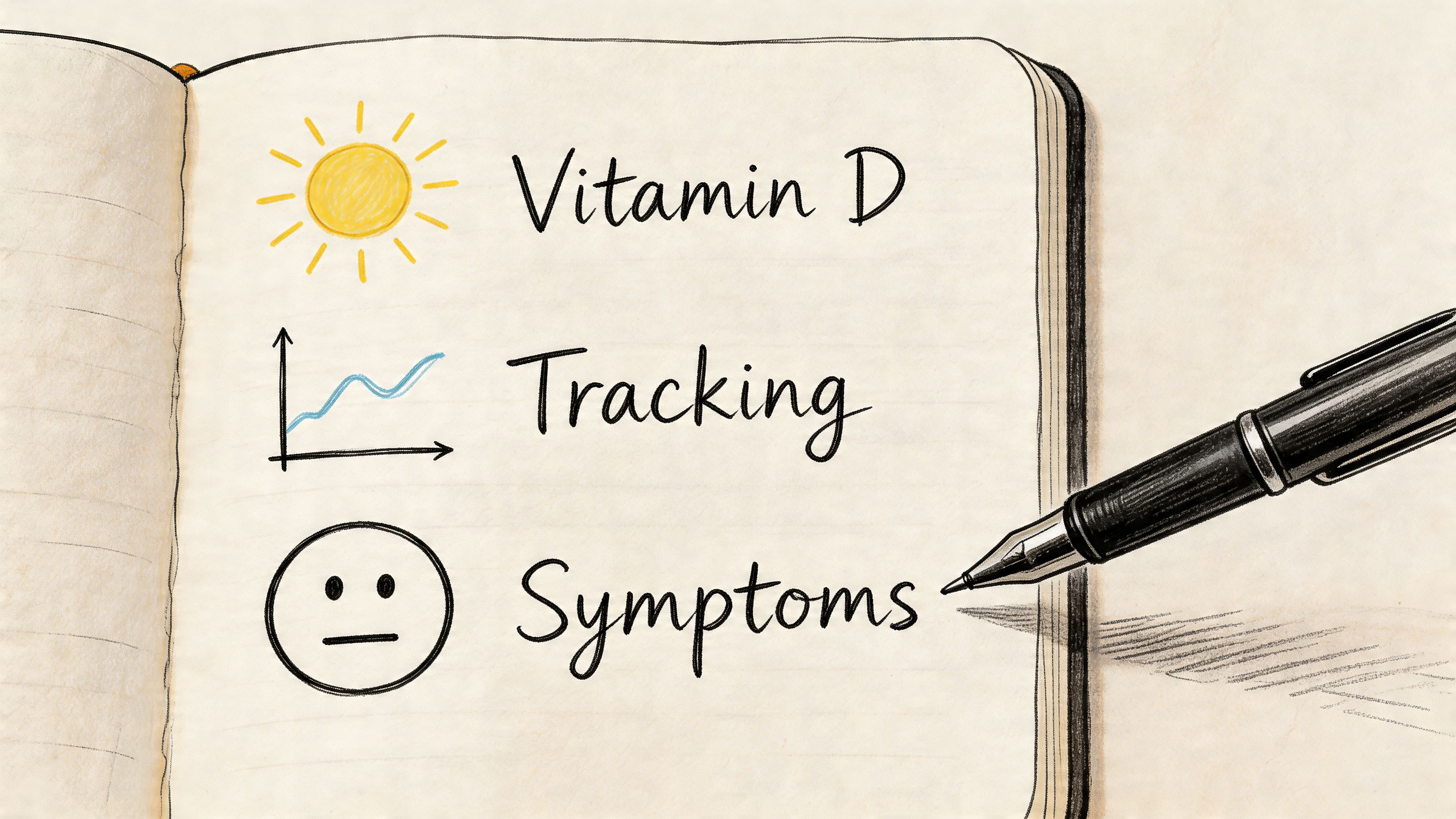 A notebook page with handwritten notes about vitamin D, tracking progress, and monitoring physical health symptoms.