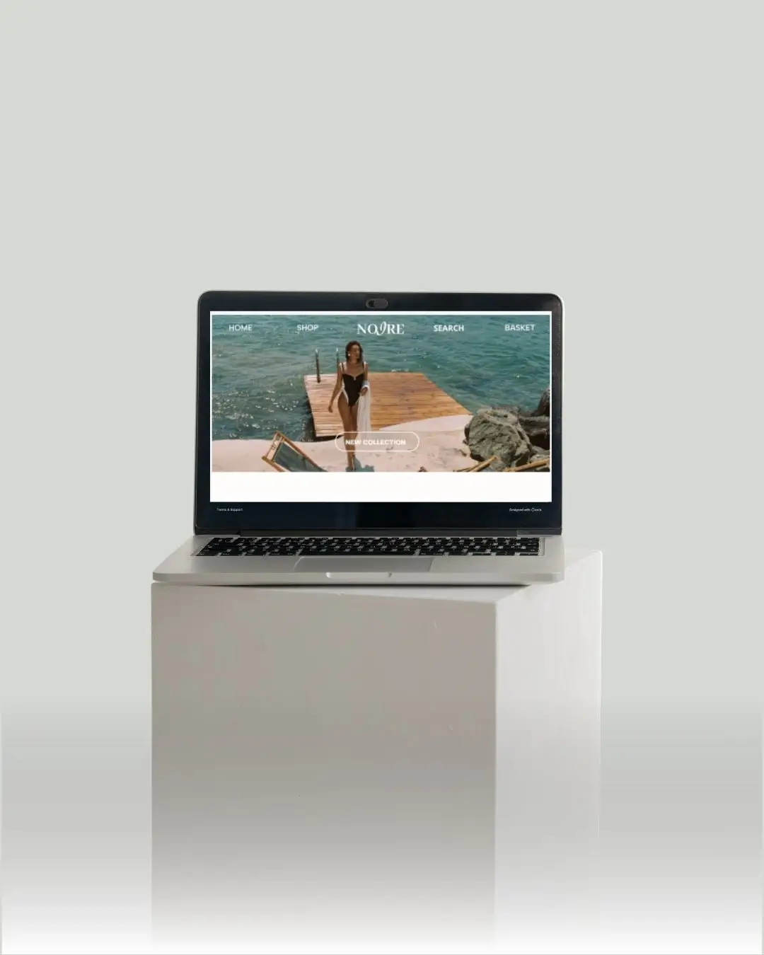 Computer der viser bikini websit, omgivet af en blå baggrund