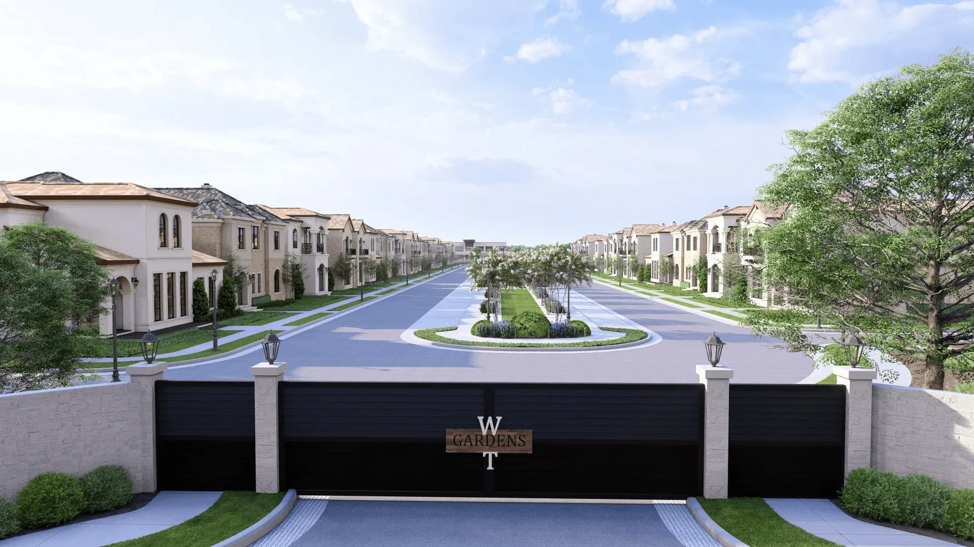 Gated community landscape design featuring main driveway entrance