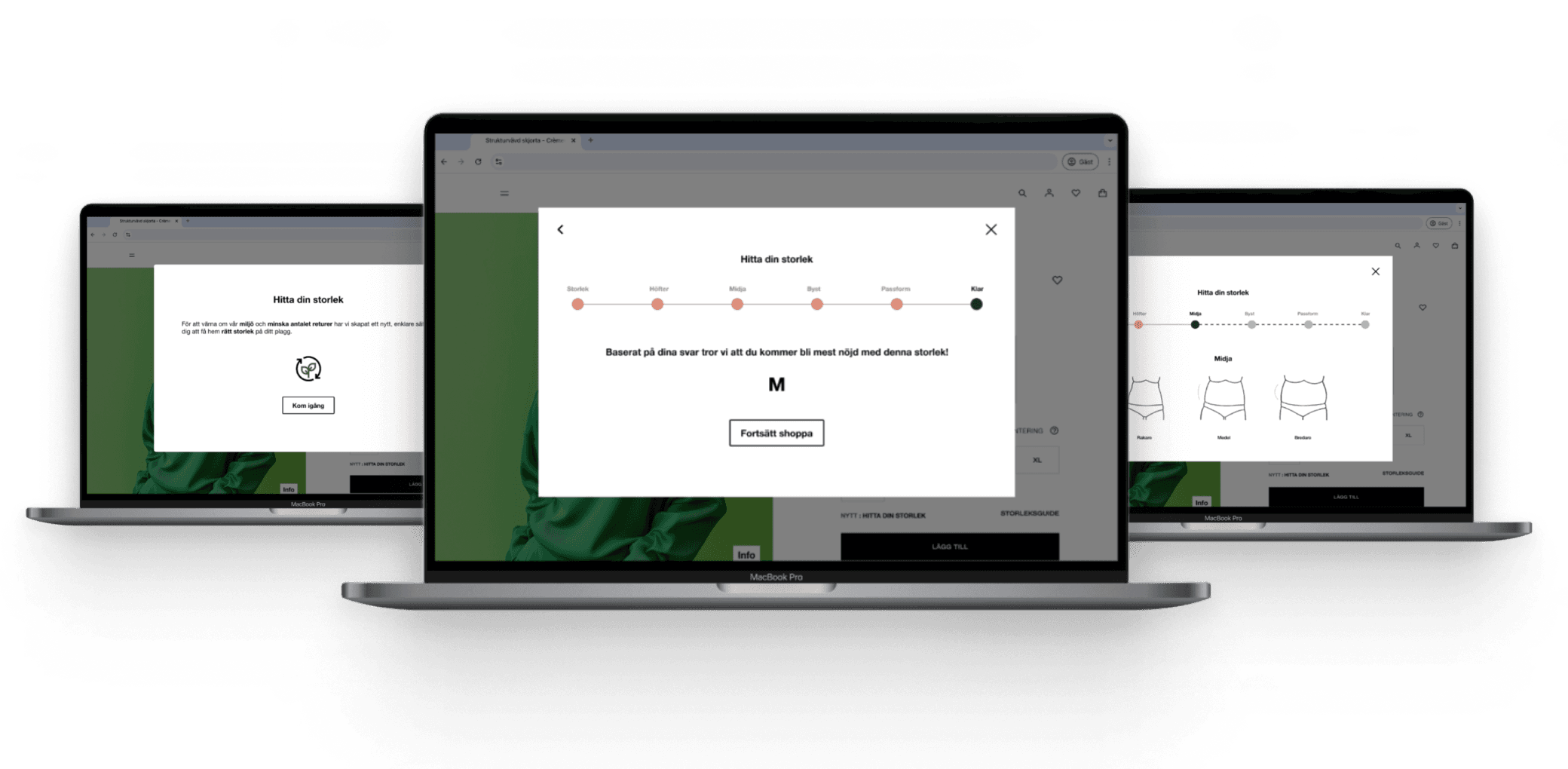Three laptops, the left screen shows an introduction message about finding the right size, the center screen presents a size recommendation based on user input, and the right screen displays a selection interface for waist shapes.