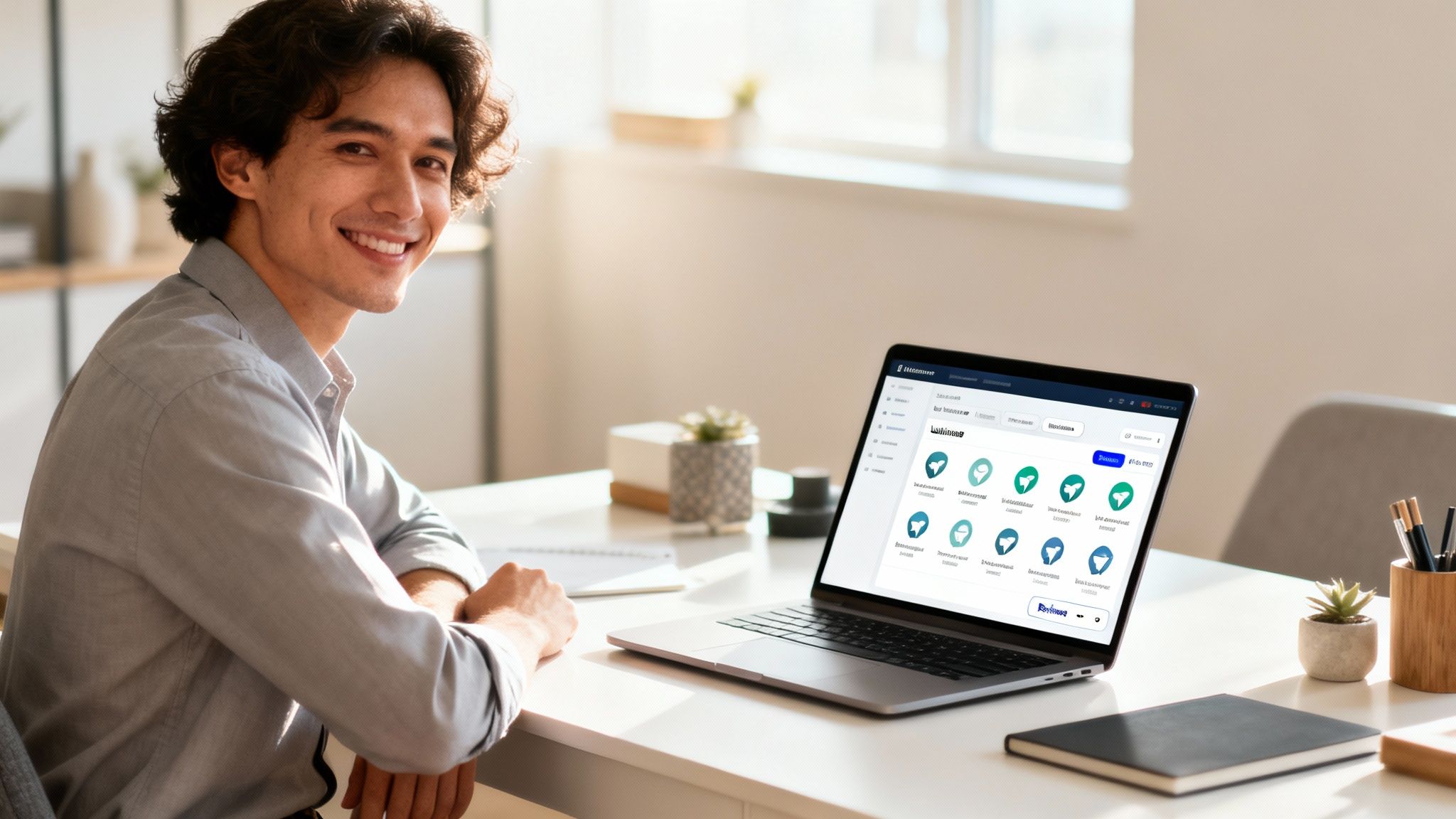 A smiling man sits at a bright desk, looking at the camera, with a laptop showing feedback collection software.