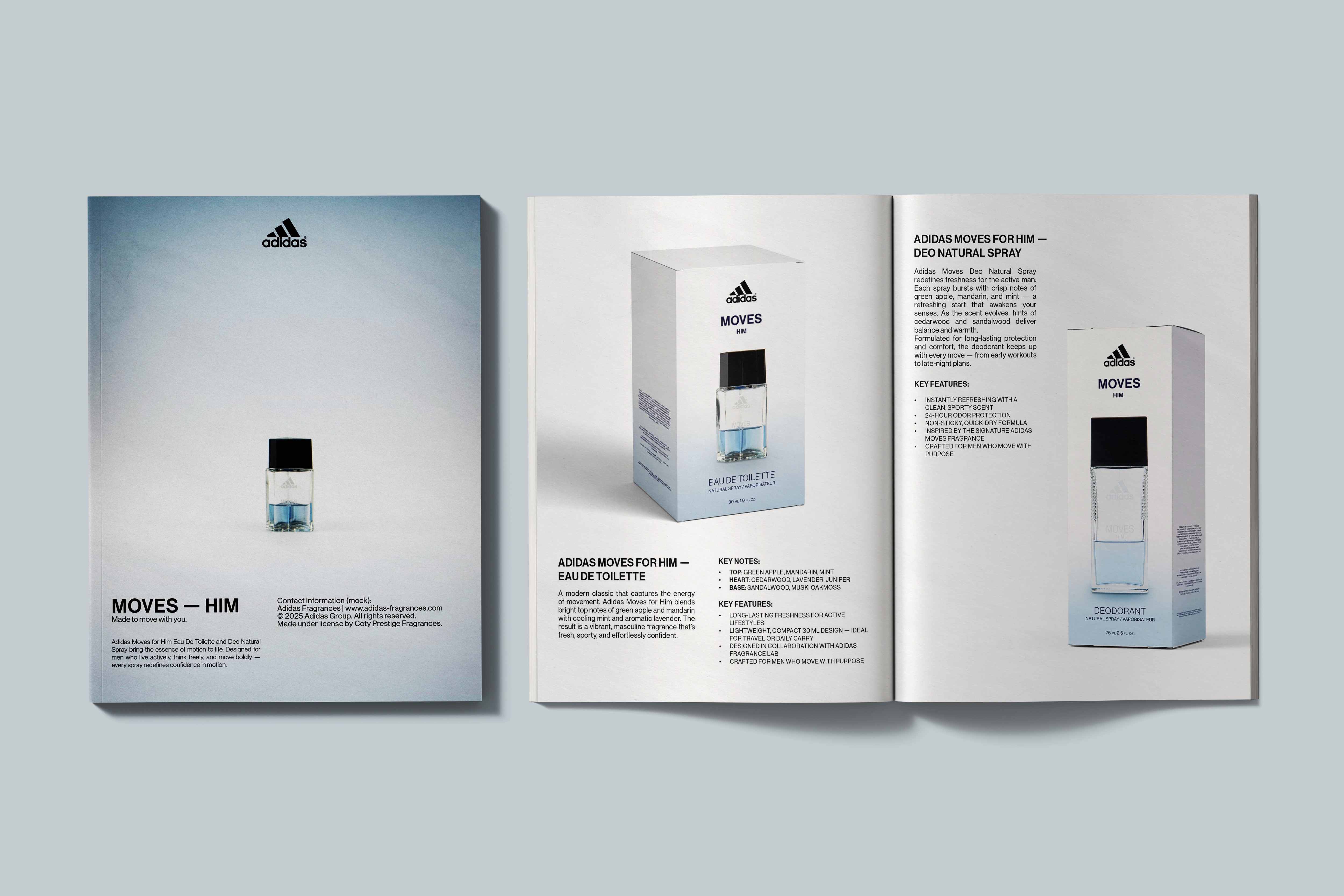 Adidas Moves for Him fragrance sell sheet spread showing the eau de toilette and deodorant packaging with product details.