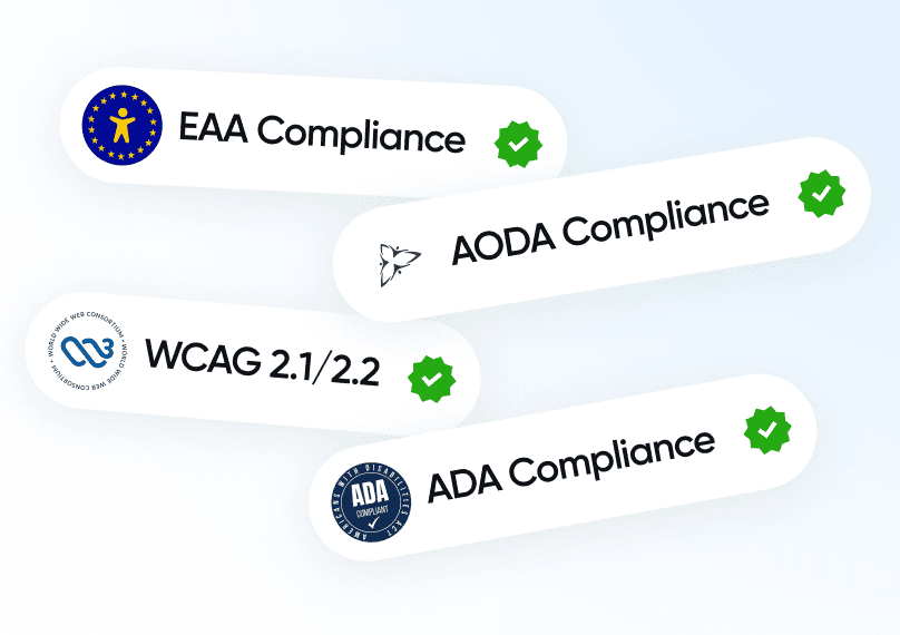 cards displaying WCAG,AODA,ADA,EU Equality act compliance